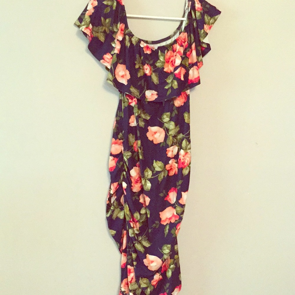 Maternity dress floral - navy off the shoulder